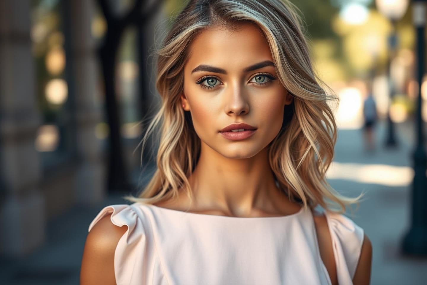 AI generated: Generate an image of A beautiful young American/Indian woman with fair skin, soft natural makeup, and bright expressive eyes. She has silky blonde hair styled in loose waves that f