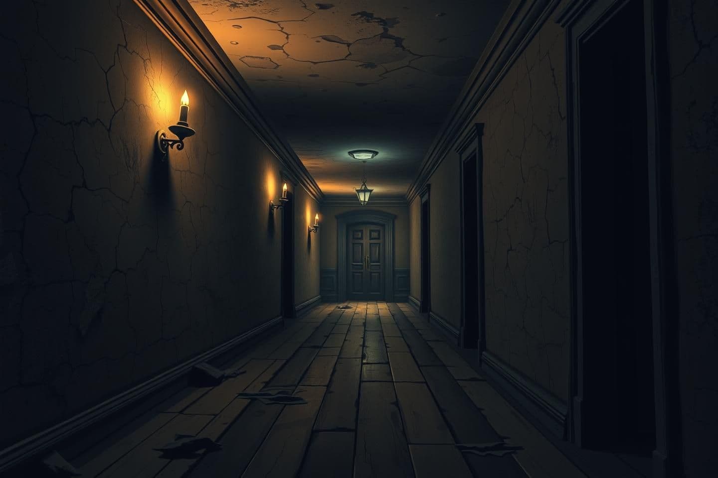 AI generated: Dark narrow hallway inside an old mansion, flickering candlelight and dim ceiling lights, cracked walls with peeling paint, broken floorboards, shadows stretching along the corrido