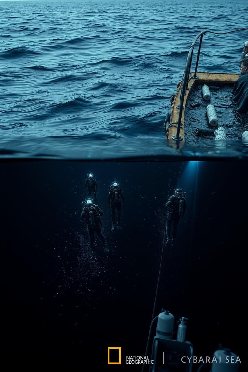 AI generated: Ultra-realistic cinematic shot of the Arabian Sea in 1983. Deep dark-blue ocean captured from a high aerial perspective with natural wave patterns and subtle reflections of a cloud