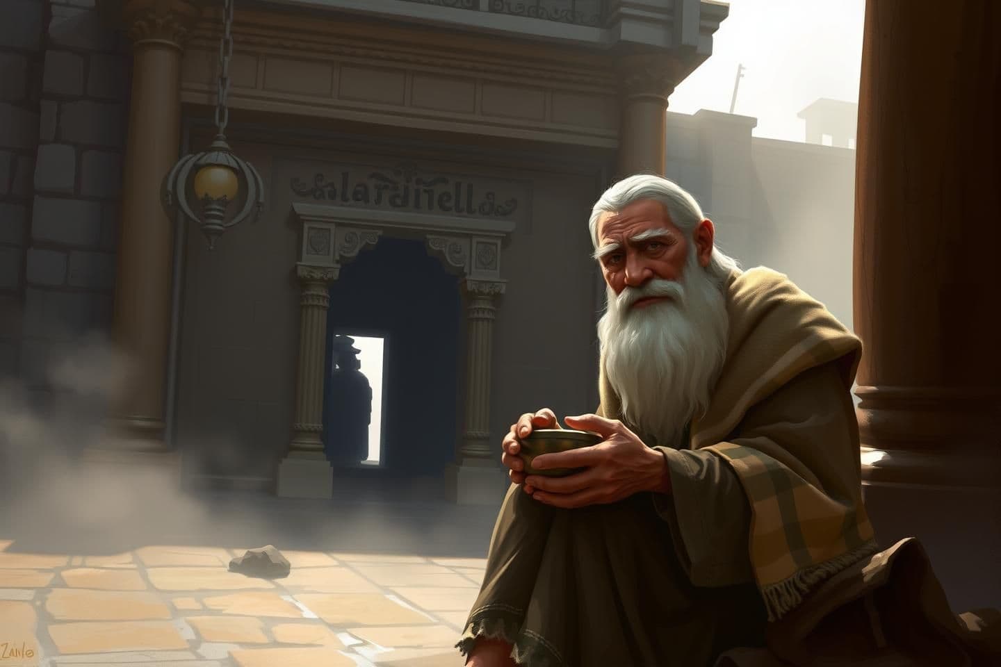 AI generated: Old poor man with a white beard sitting outside a temple gate, wearing torn clothes and a woolen blanket, holding a begging bowl in his hands, morning fog around, emotional express