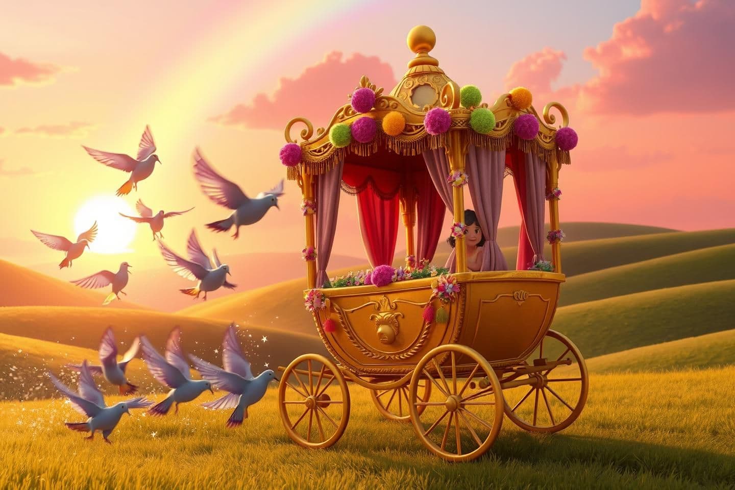 AI generated: Subject: A whimsical, golden palanquin decorated with colorful pom-poms, flowers, and soft velvet curtains.
Action: The palanquin is moving through a magical path. The colorful flu