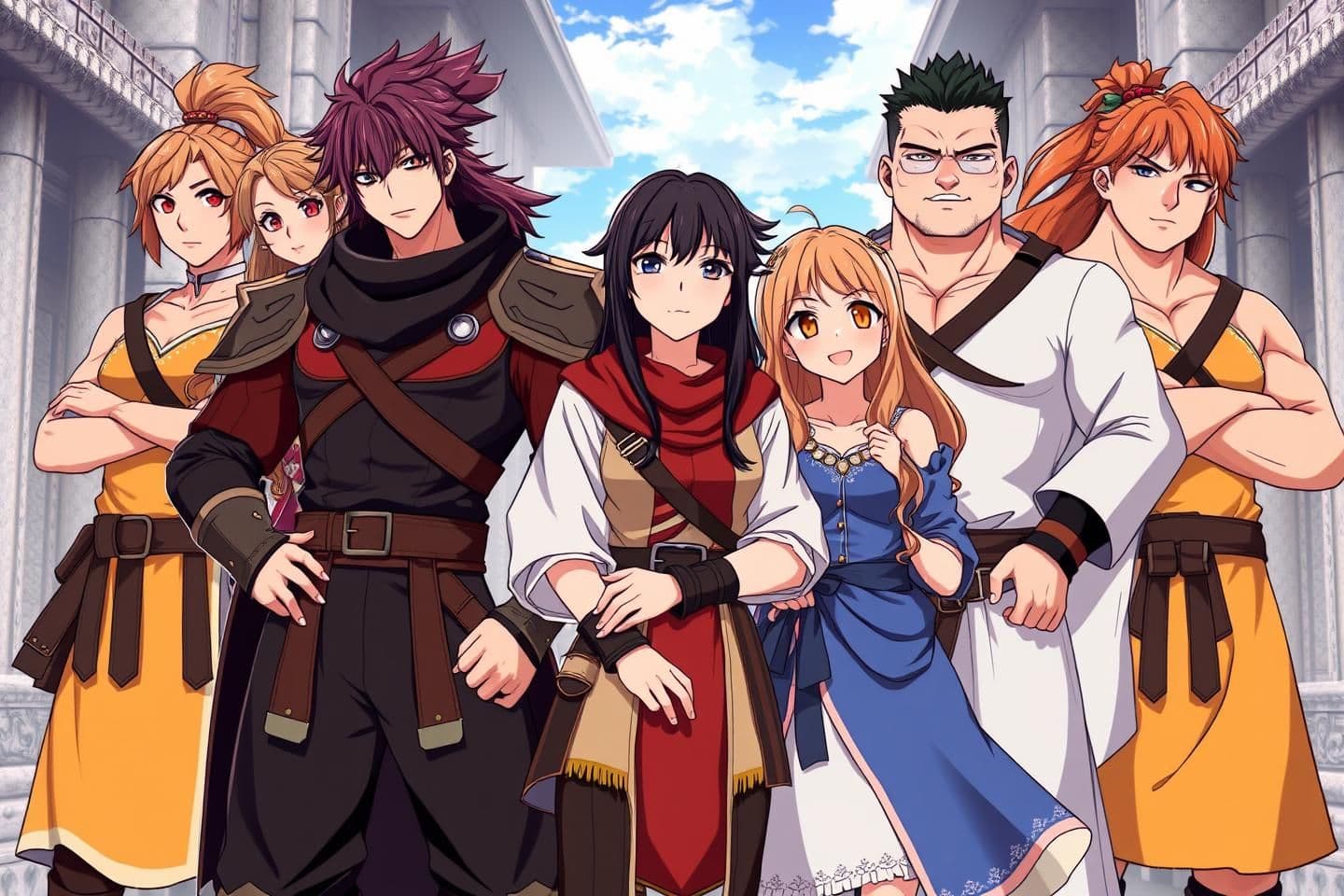 AI generated: A realistic anime-style group of friends in warrior-style outfits, the confident leader standing at the front, his two close allies beside him who is his girlfriendand friend and h