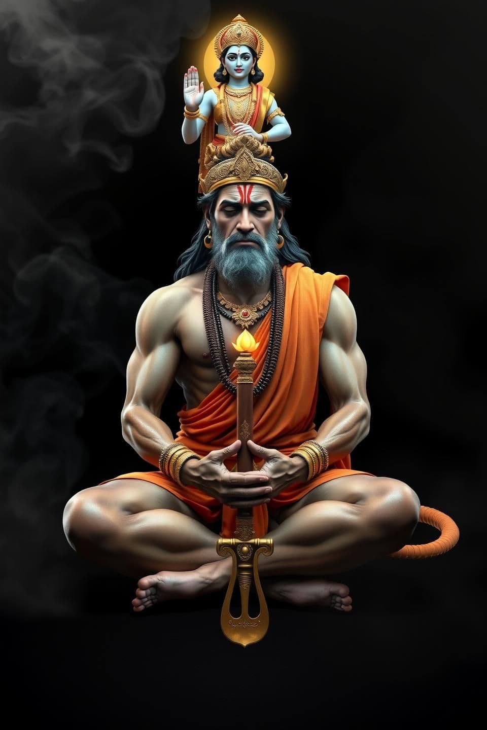 AI generated: Create an ultra-realistic, highly detailed, full-body portrait of Lord Hanuman sitting on the ground in a deep meditative pose with hands folded in front of his chest. His gada (ma