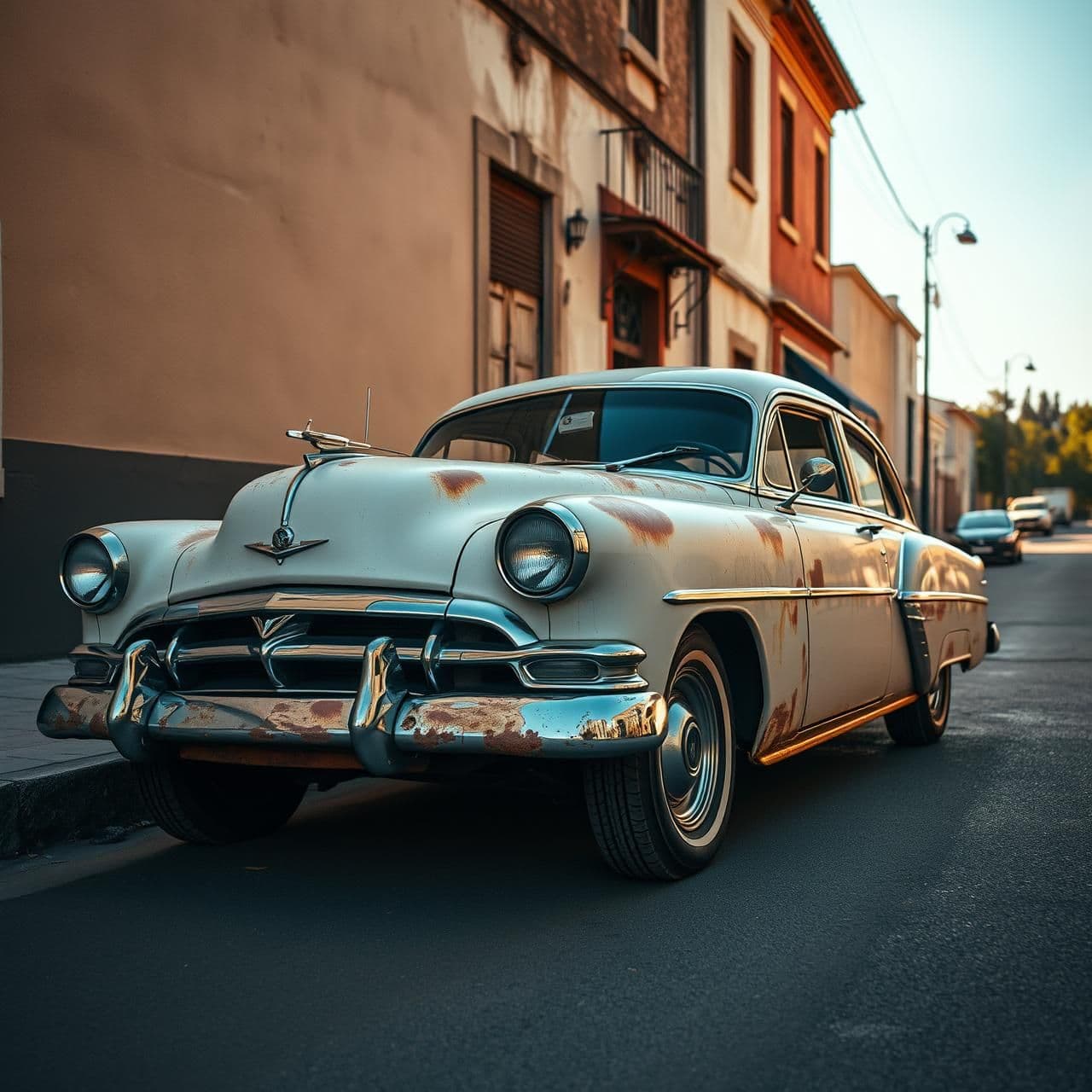 AI generated: “A beautifully aged vintage car parked on a quiet old street, faded paint, light rust texture, chrome details shining softly, nostalgic 1950s vibe, warm golden-hour sunlight, cinem