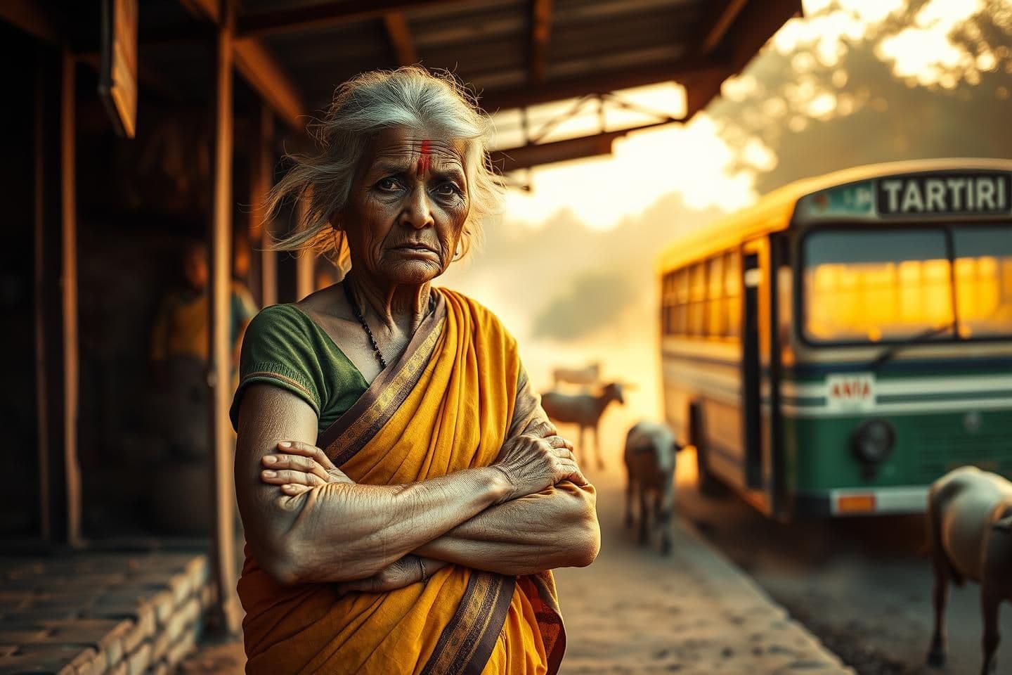 AI generated: “An elderly Indian village woman with thin silver hair, wrinkled hands, wearing a faded mustard saree with a brown shawl, standing stubbornly at a dusty rural bus stop. She angrily