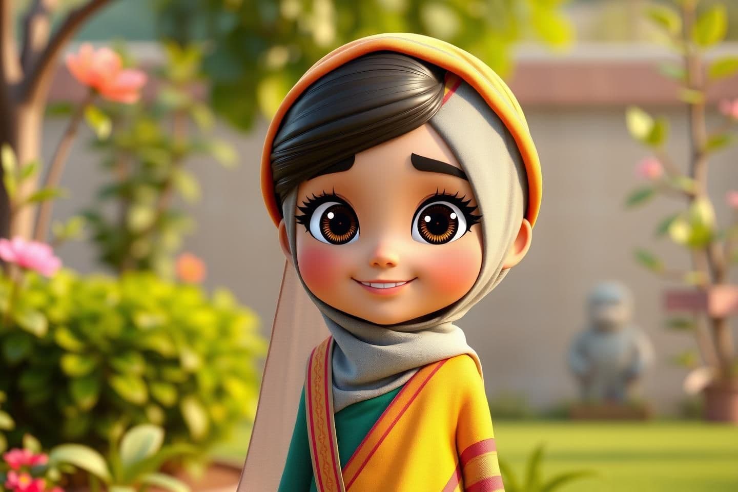AI generated: A cute 3D cartoon Muslim girl character wearing a beautiful colorful Saree and a matching elegant Hijab, modest look, big expressive sparkling eyes, adorable smile, standing gracef