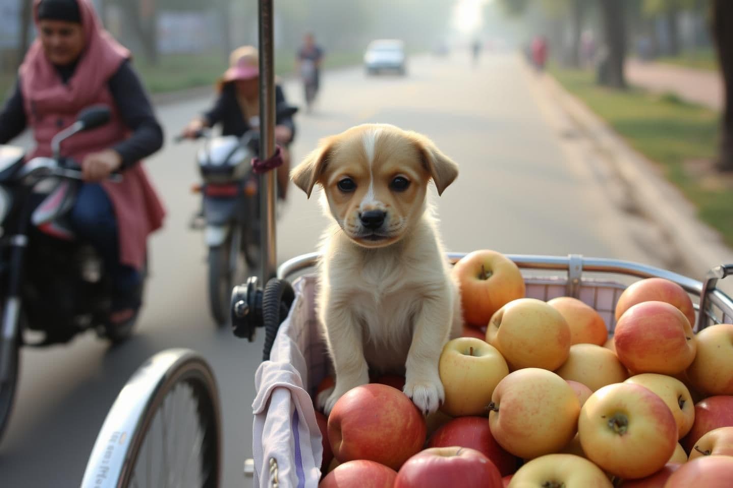 AI generated: In the morning's cool breeze, a small puppy sat on a rickshaw cart, loaded with apples. Its little paws were trembling, but it didn't even take a bite of the apple. Passersby smile