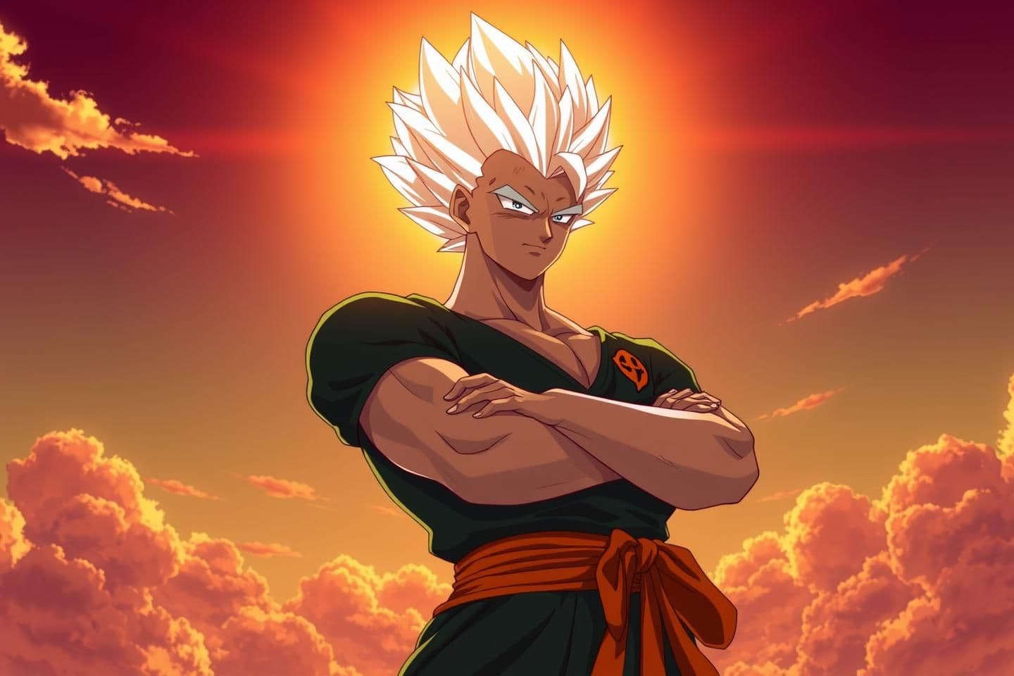 AI generated: Anime-style character inspired by Dragon Ball Grand priest, standing with arms crossed against a bright sunset sky with clouds., spiky white hair glowing slightly, sharp facial fea