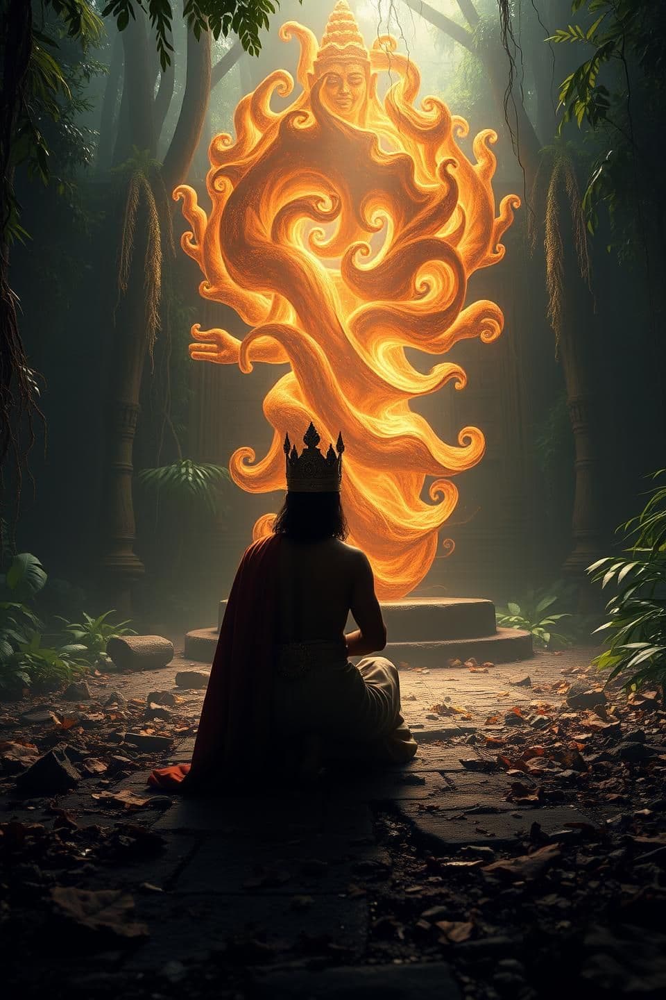 AI generated: "A 13th-century South Indian King, dressed in rich, simple royal attire, kneels in a lush, ancient, and dimly lit rainforest. In front of him, a divine, powerful figure (Panjurli D