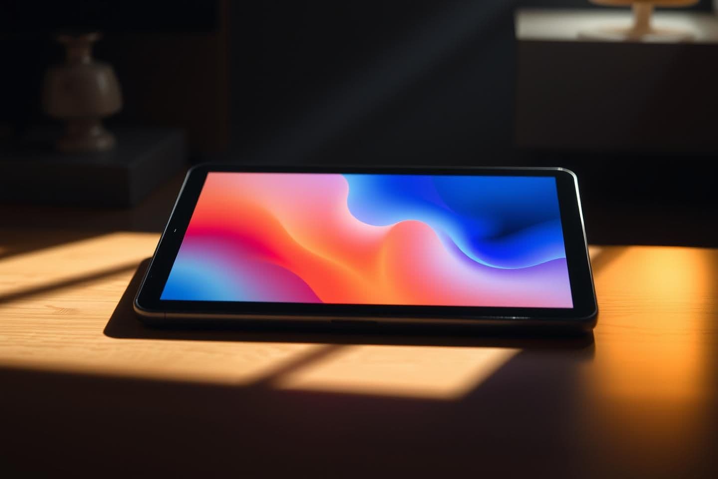 AI generated: Show the tablet clearly. For every other product, don’t show any shapes. Only light, shadows, or abstract color. Use high contrast. Make it look intentional and premium. Think cine