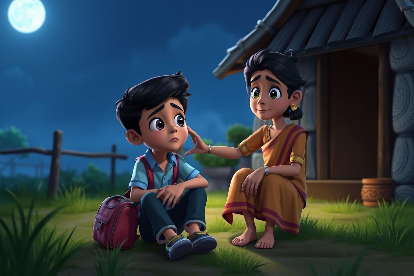 AI generated: 3D cartoonish rural night scene with Neel sitting sadly outside the house, holding his school bag. Arya sits beside him with a comforting hand on his shoulder, both under moonlight