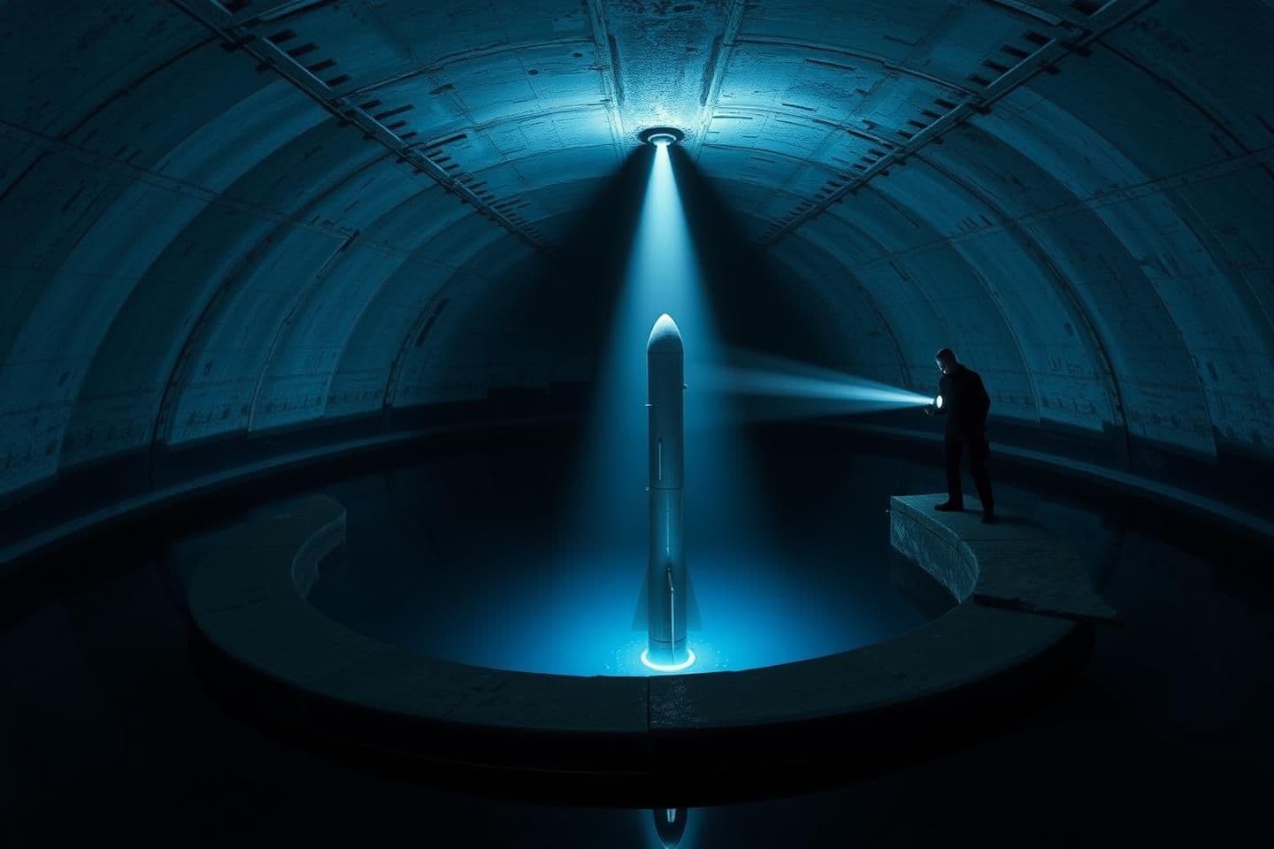 AI generated: Nighttime inside an abandoned Soviet-era underground missile silo flooded with perfectly still black water, a lone figure in black uniform stands on the edge of the circular concre
