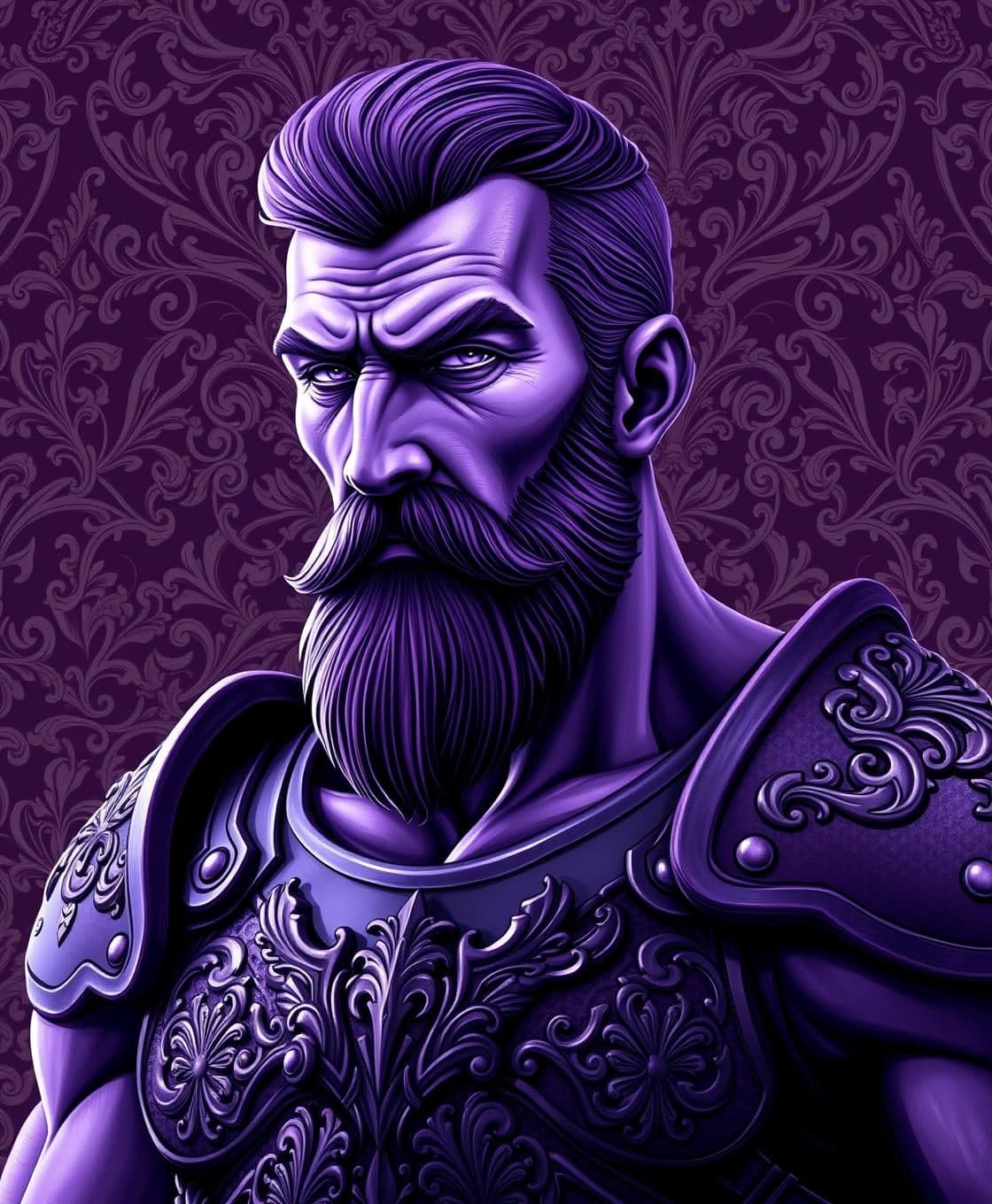 AI generated: Image is a digital artwork featuring a stylized portrait of a man with a strong, chiseled face and a rugged beard. His skin is depicted in shades of purple, giving a surreal and ar