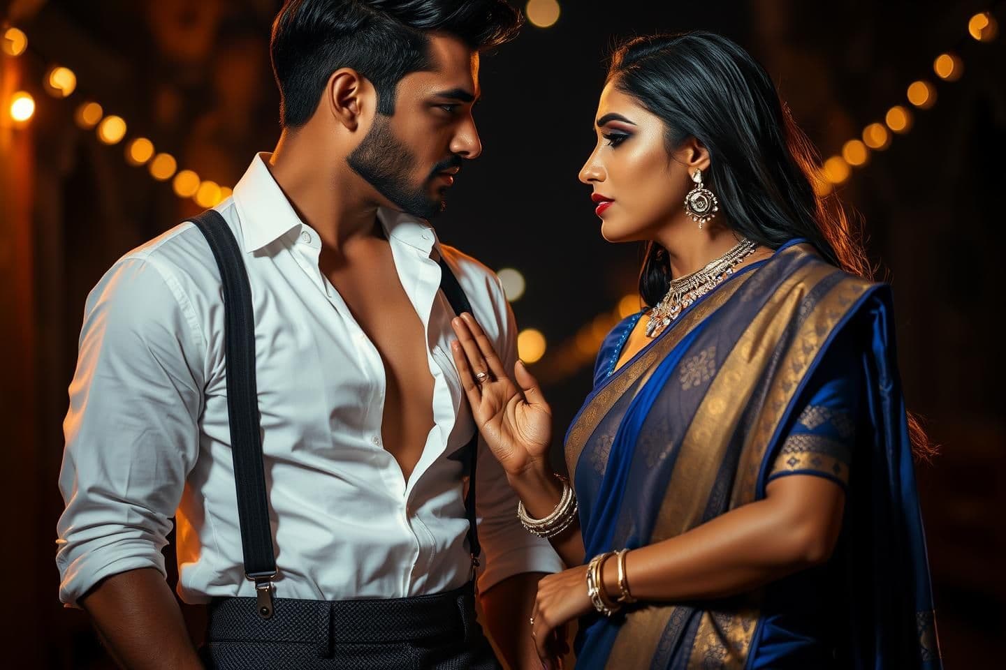 AI generated: Subject: A cinematic, ultra-realistic night portrait of a stunning Indian couple, identical to reference features, locked in a gaze of consuming, primal devotion. The atmosphere i