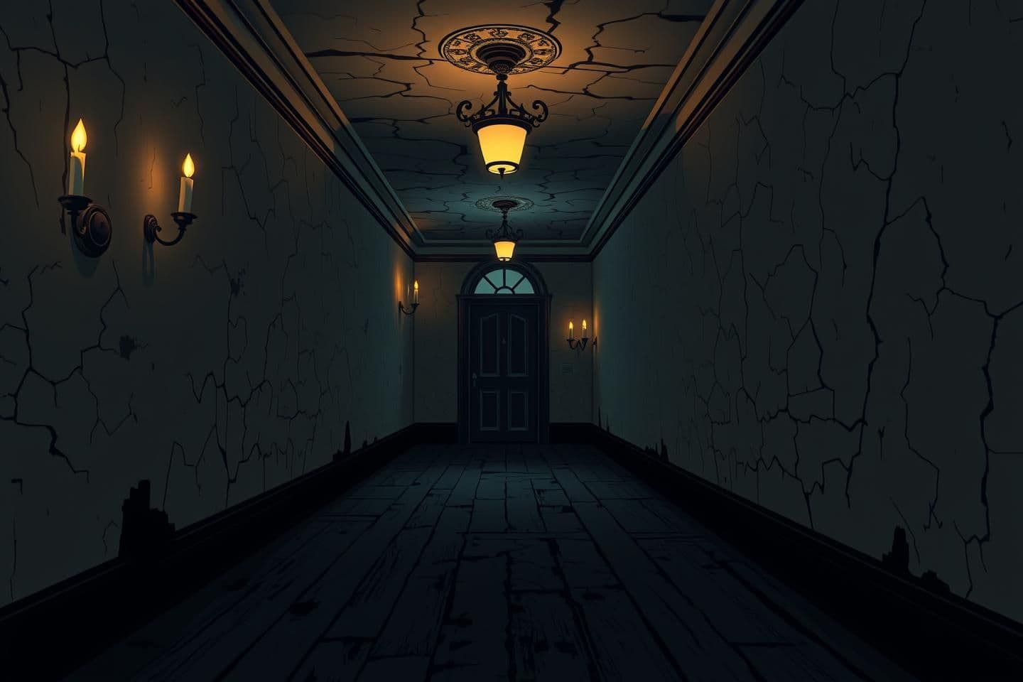 AI generated: Dark narrow hallway inside an old mansion, flickering candlelight and dim ceiling lights, cracked walls with peeling paint, broken floorboards, shadows stretching along the corrido
