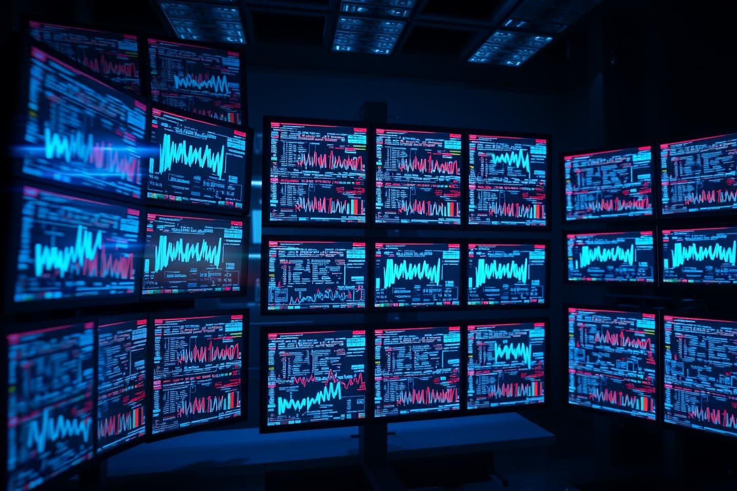 AI generated: A highly stylized 3D render showing rows of digital screens displaying cascading medical data streams that suddenly flicker and fade, lit by pulsing blue monitor light in a dark ro