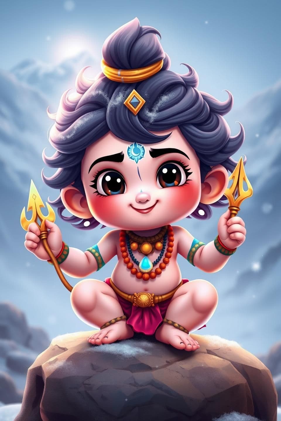 AI generated: See new posts
Create an ultra-cute child version of Lord Shiva (Bal Shiva). A small divine boy dancing with big expressive eyes, soft innocent smile, tiny trishul, small blue aura