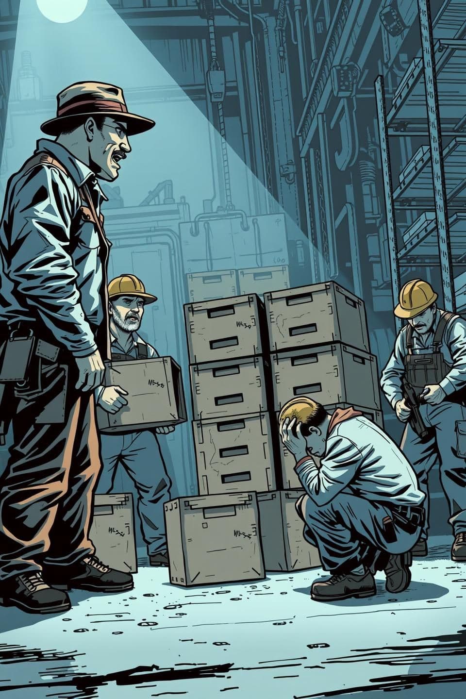 AI generated: A gritty, modern Western comic-style illustration set in a large, dimly lit warehouse or dock area. The scene shows two angry supervisors shouting at four exhausted workers, who a