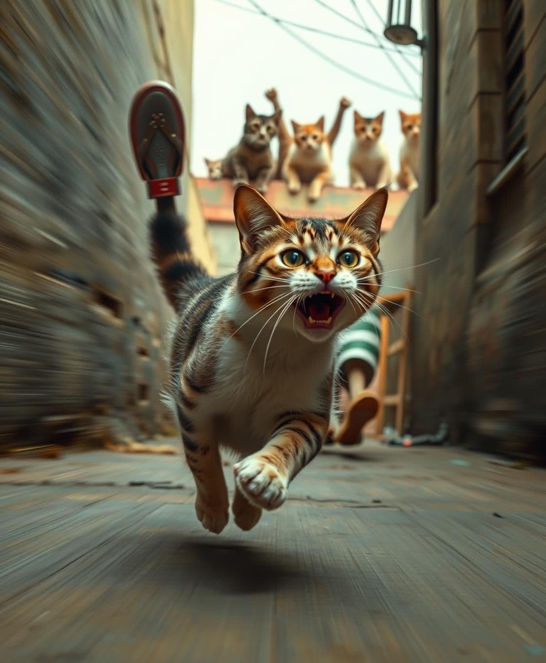 AI generated: A The same cat running at full speed down a narrow Indian lane, terrified, while an angry owner in slippers chases behind with a raised chappal. Motion blur on the background, dyna