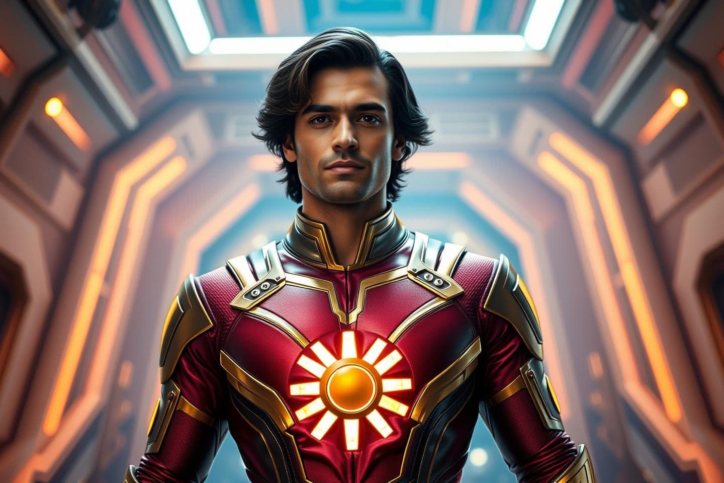 AI generated: A highly detailed, cinematic portrait of an Indian male superhero inspired by Bhuvan Bam, wearing a modern Shaktimaan-style costume. The costume is deep maroon and gold with a glow