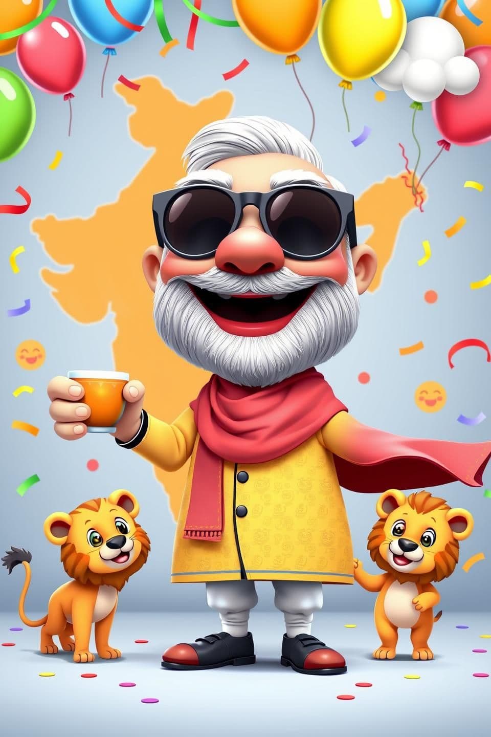 AI generated: “A cute and funny 3D cartoon version of Narendra Modi giving a big cheerful smile, wearing oversized round sunglasses and holding a tiny cup of chai. He is standing in front of a c