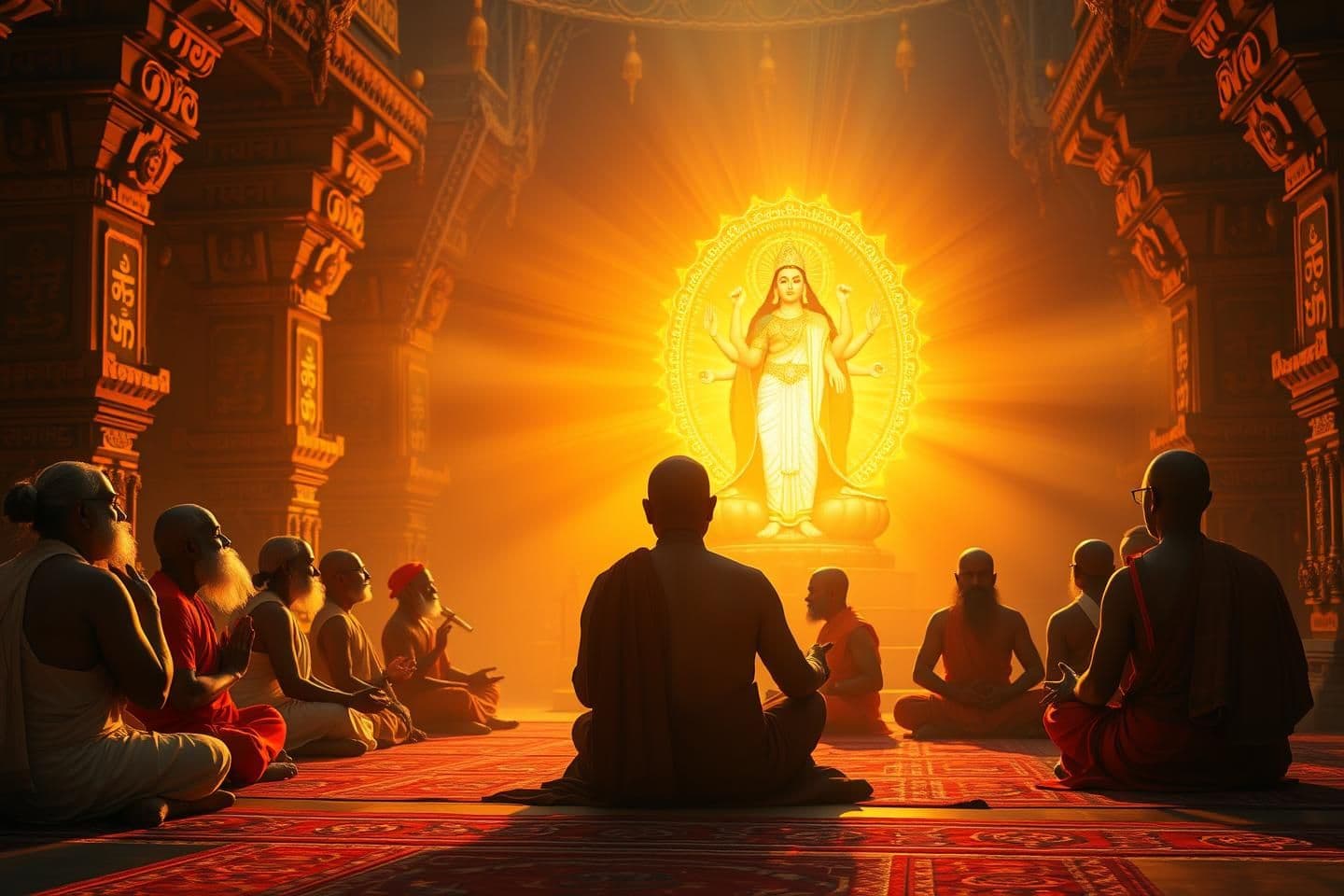 AI generated: A 16:9 divine and spiritual YouTube thumbnail showing a radiant temple scene filled with glowing Sanskrit symbols and golden energy waves. Ancient sages (Rishis) meditating in fron