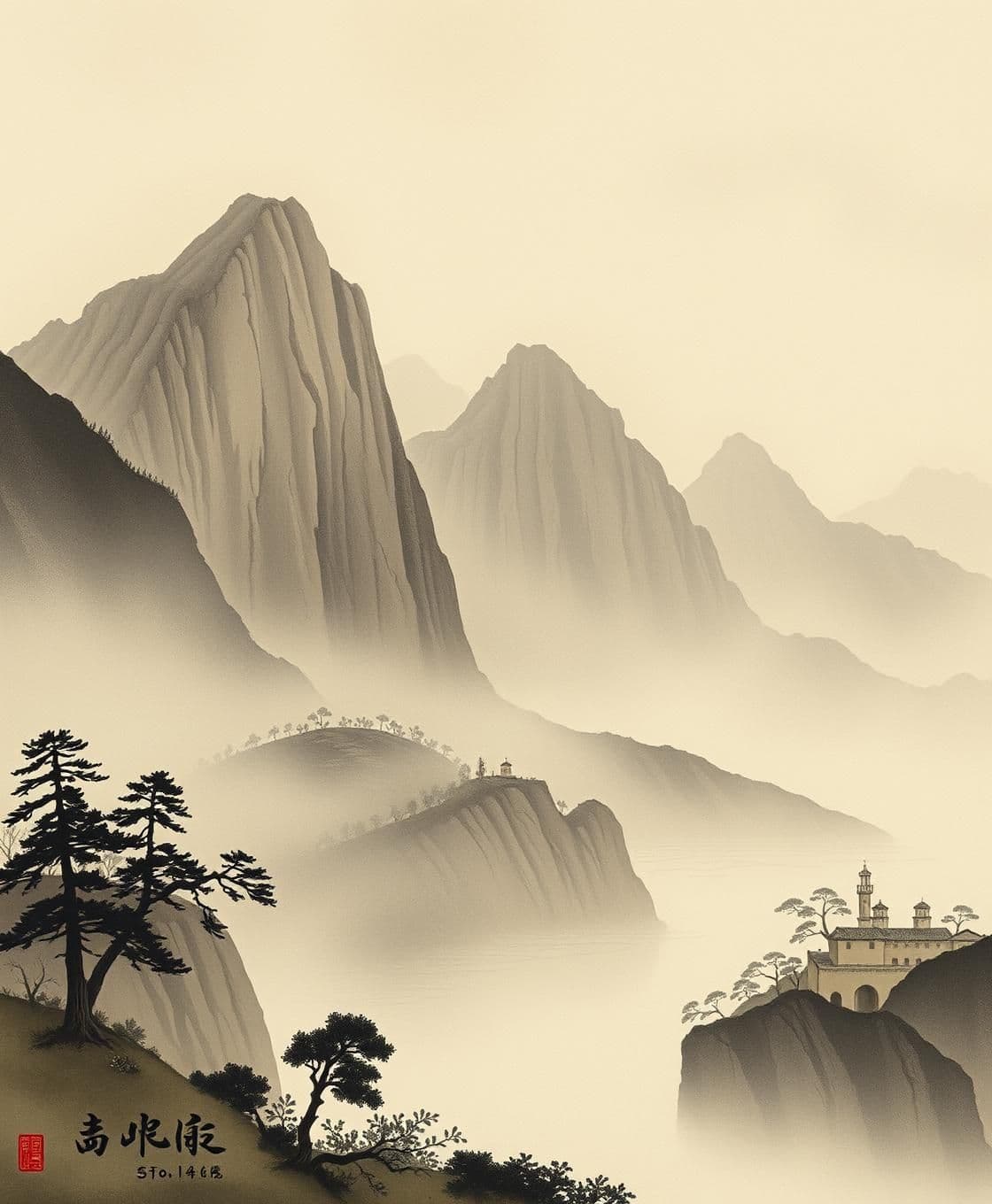 AI generated: Prompt: "Ancient 12th–14th century vertical (9:16) ambient landscape painting. Misty mountain cliffs rise sharply, layered ridges disappearing into soft clouds. Ancient trees cling