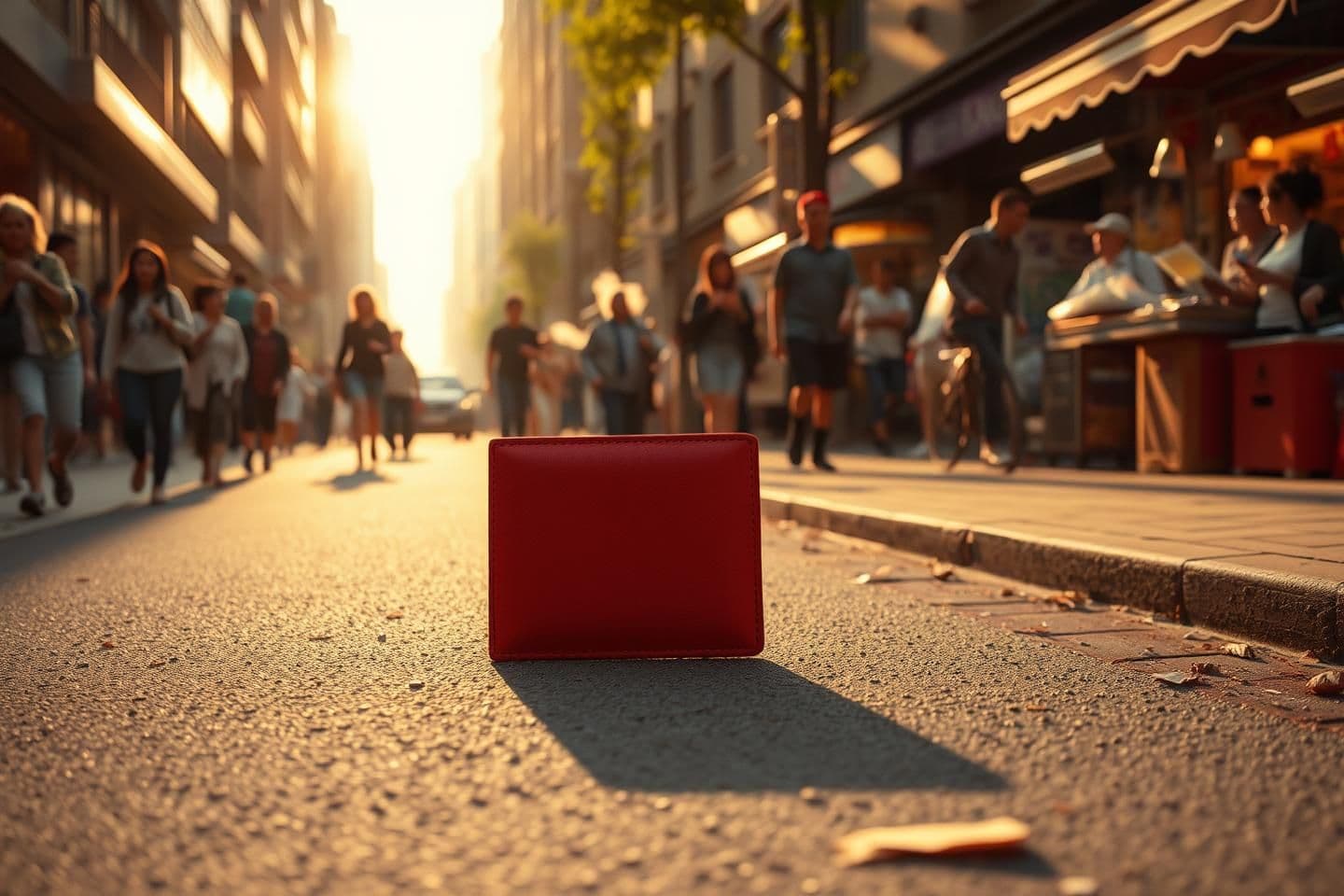 AI generated: Scene: Same busy urban street, few seconds after wallet is revealed. Morning sunlight, bustling with pedestrians and passing vehicles. Slight tension builds as one individual notic