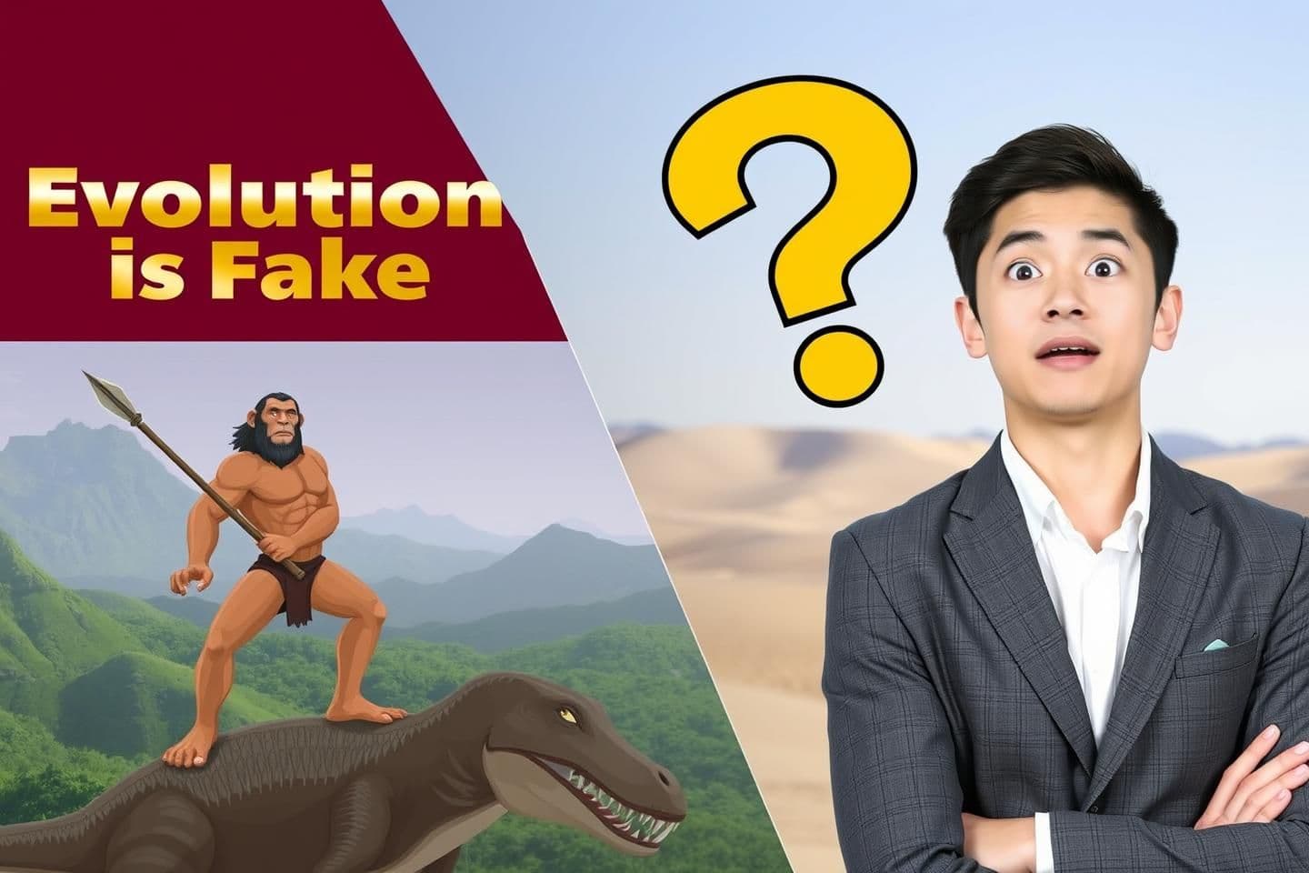 AI generated: The image is a split composition with the left side featuring a stylized scene of a muscular, ape-like hominid figure holding a spear, standing atop a large, reptilian creature tha