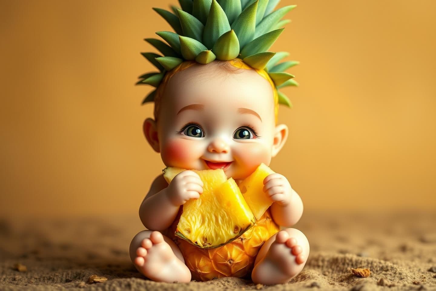 AI generated: A cute baby boy sitting like a human, but his body is shaped like a pineapple. The pineapple has a golden-yellow textured body with a green spiky crown on top like hair. The pineap