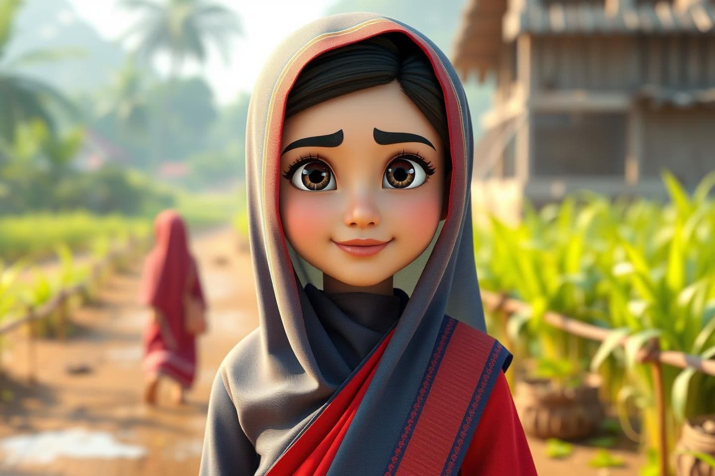 AI generated: A beautiful 3D Bengali Muslim girl character, wearing a traditional red and blue Saree, head covered with the saree (Hijab style), modest and cultural look, standing in a village b