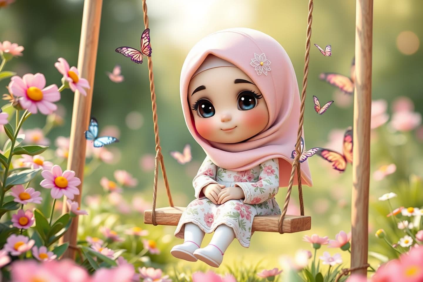 AI generated: A sweet 3D illustration of a little Muslim girl sitting on a swing in a flower garden. She is wearing a floral dress and a pastel pink hijab. Big sparkling eyes, surrounded by butt