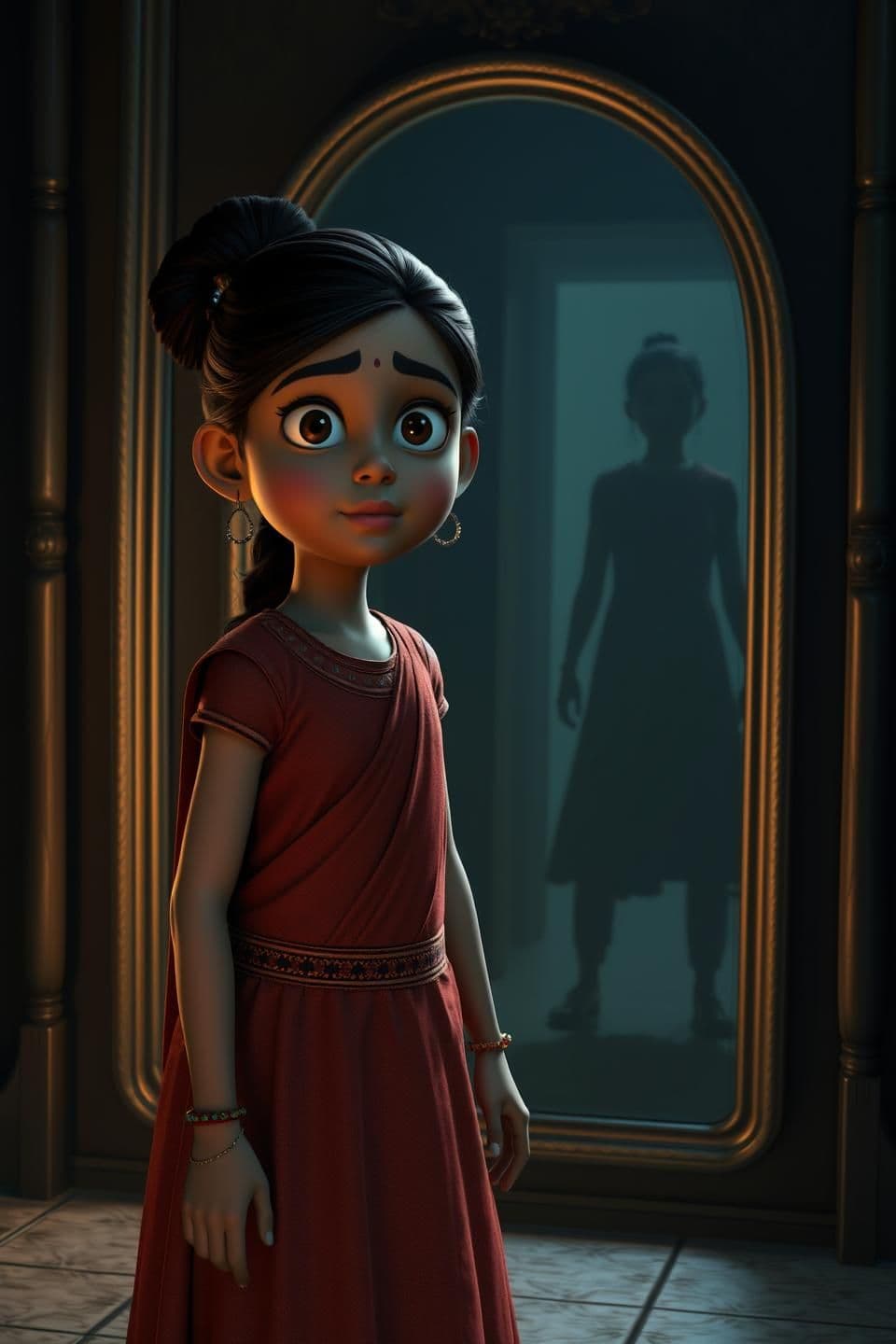AI generated: A young Indian girl standing in front of a mirror in dim torchlight, her reflection showing a dark shadow figure standing behind her, eerie glow from mirror, horror cinematic light