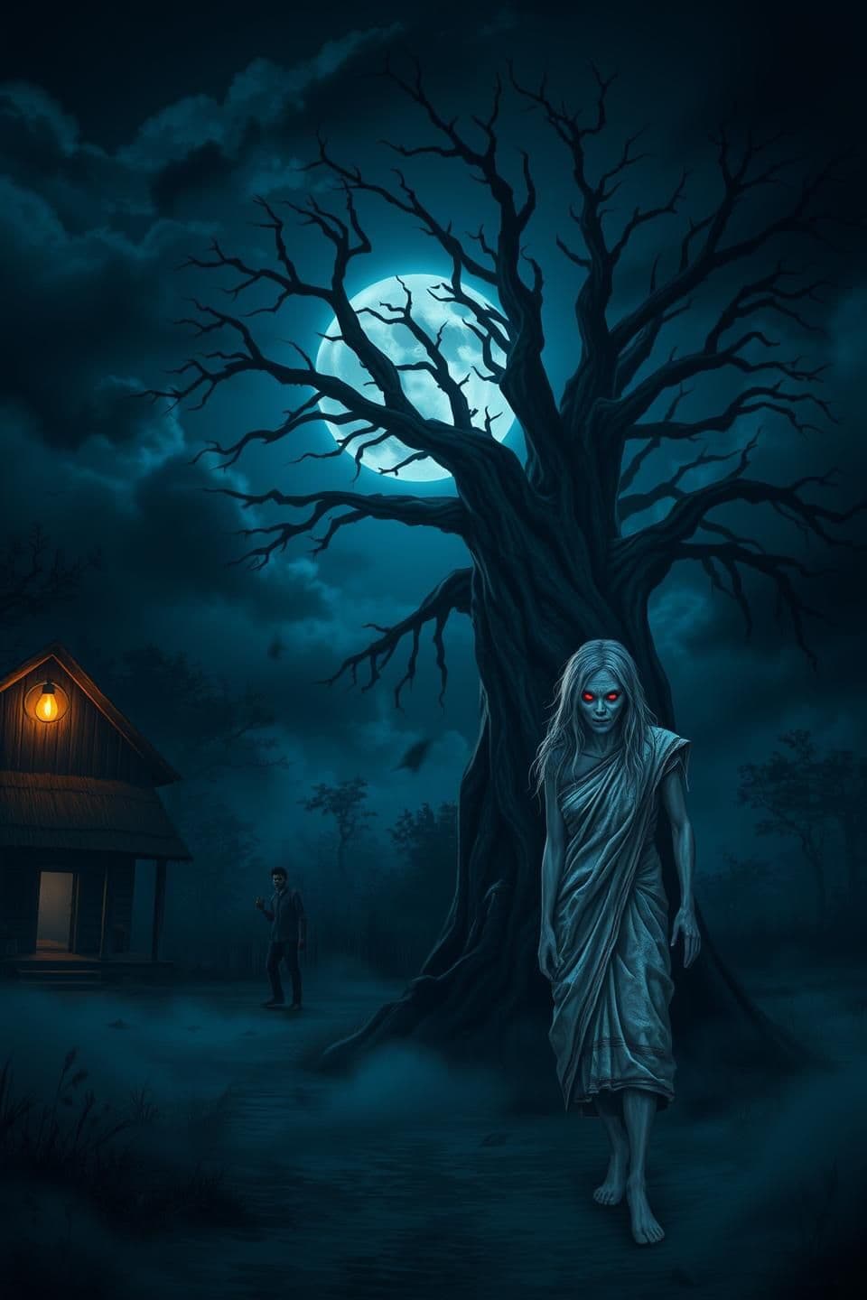 AI generated: **“Create a dark 2D horror YouTube thumbnail set at midnight in a lonely village. Show a large creepy tree in the center-right, with a terrifying dayan standing beside it — long me