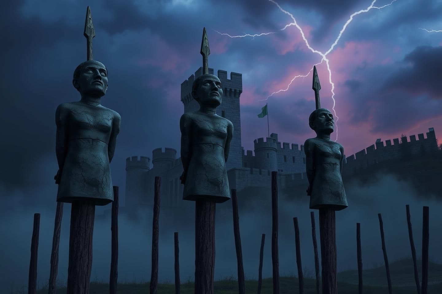 AI generated: Dark historical scene at dusk.
Human-shaped stone statues standing upright on tall wooden stakes.
Faces lifted toward the sky, calm and emotionless expressions.
Hands positioned b