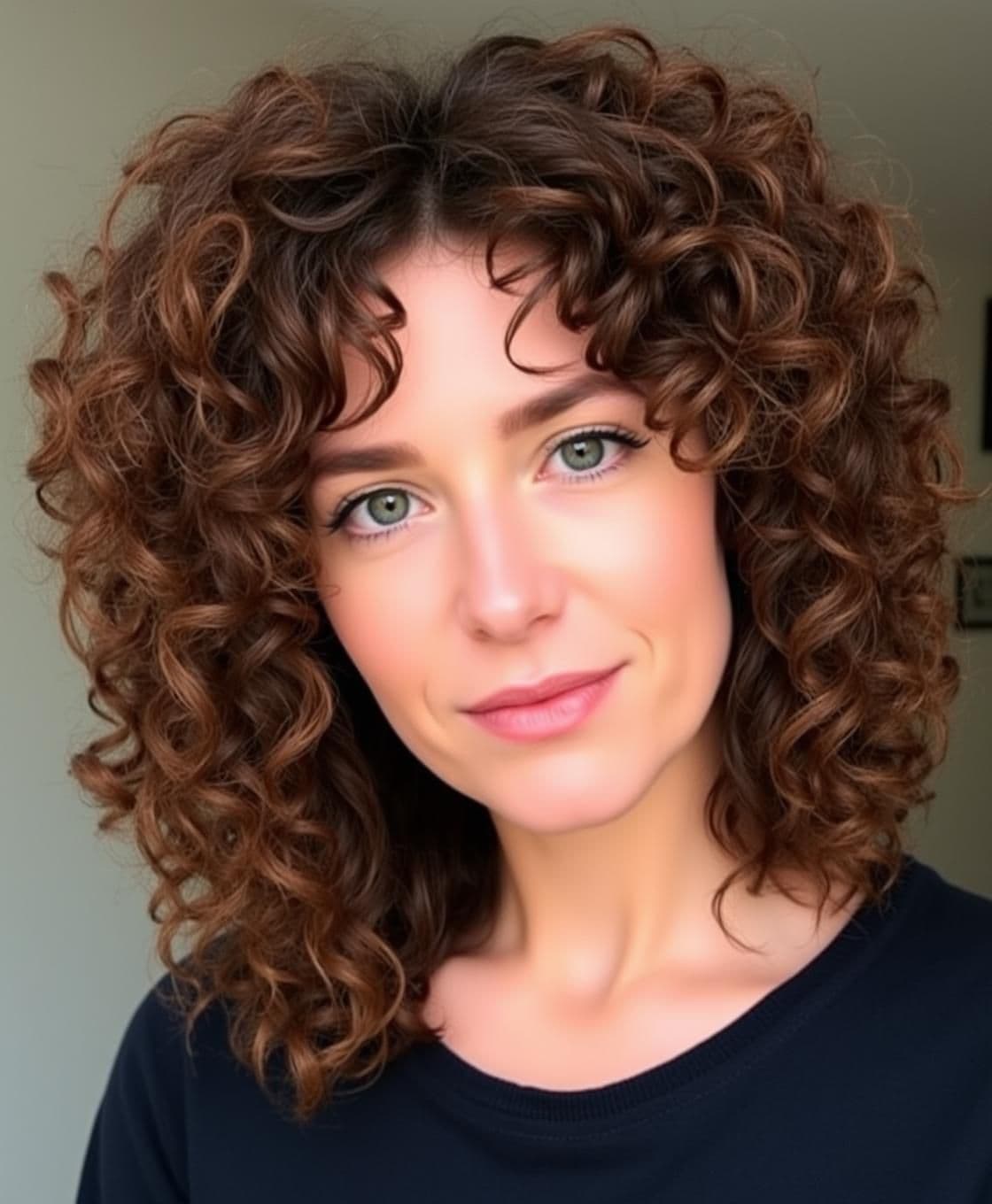 AI generated: Realistic curly hairstyle for a woman with frizzy, undefined curls ( not very much curly hair) , length below shoulders but above waist, square face. Hair has long soft layers star