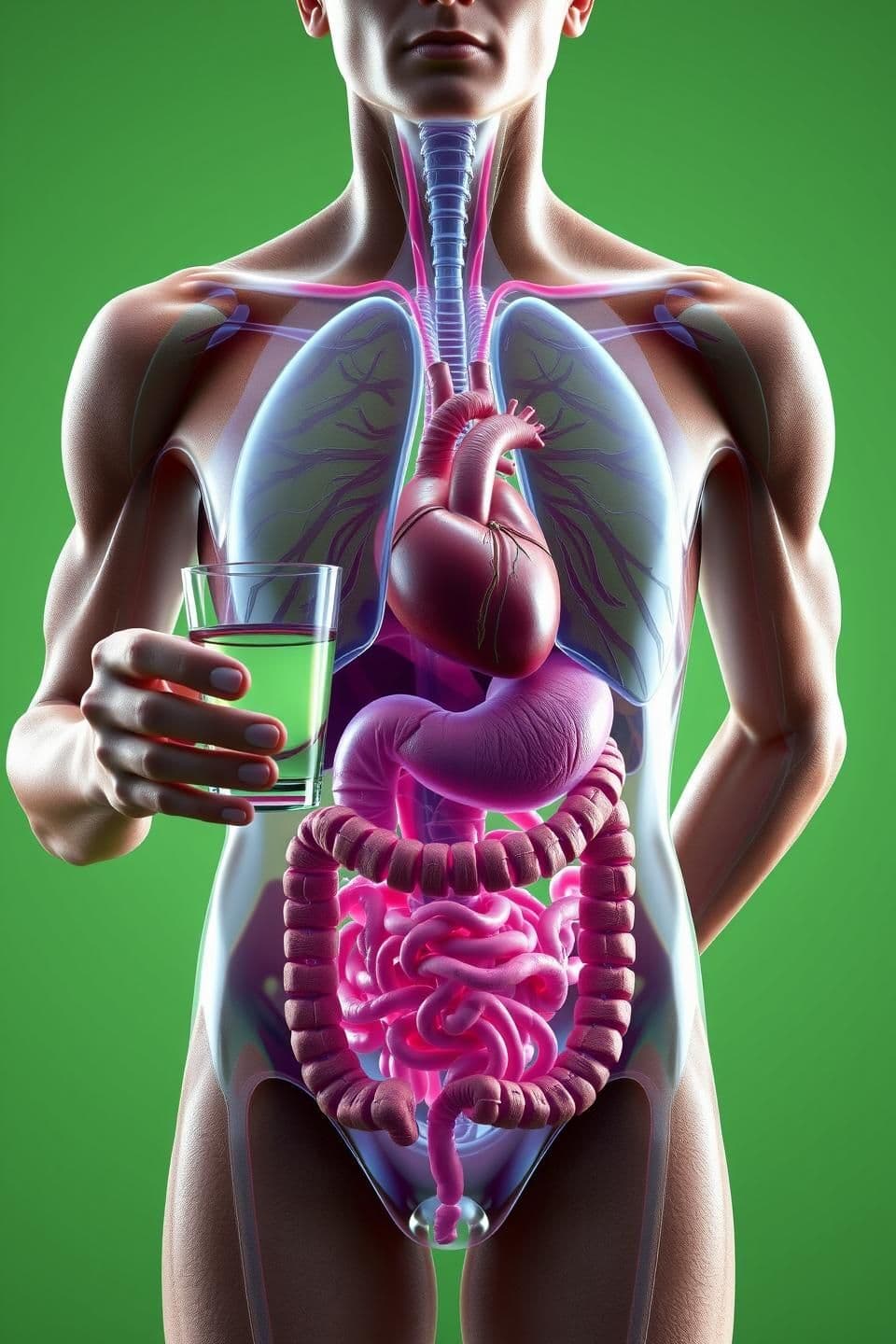 AI generated: Hyper-realistic 3D cinematic anatomical illustration of a human with fully exposed internal organs — brain, lungs, heart, stomach, intestines — rendered in detailed medical accurac