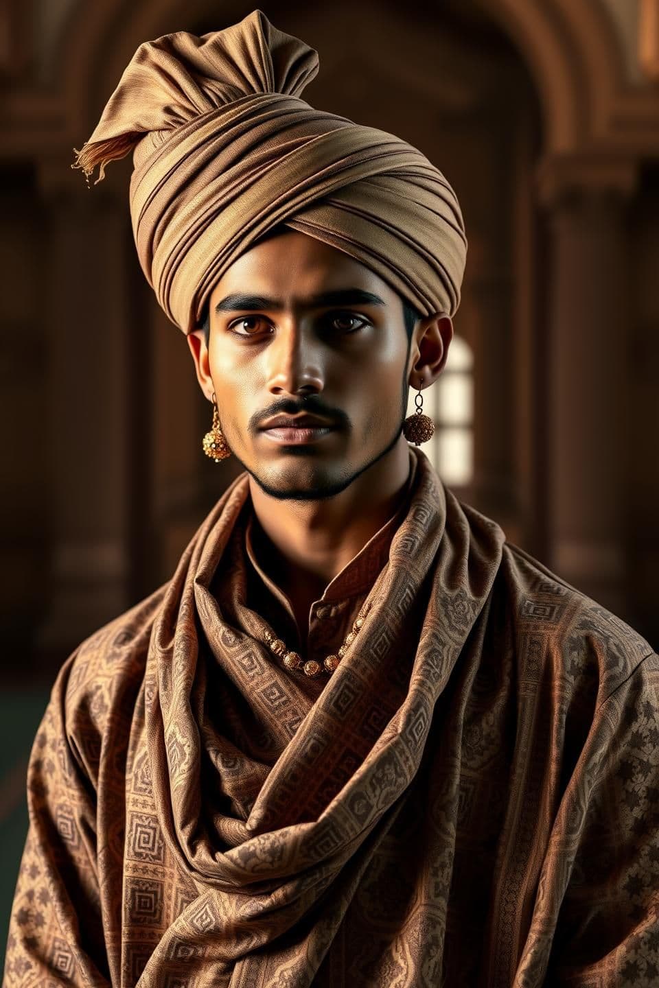 AI generated: An Indian Rajput prince wearing luxurious handwoven cotton fabric, detailed cotton angarkha with intricate block-print patterns, soft earthy tones, traditional turban with minimal