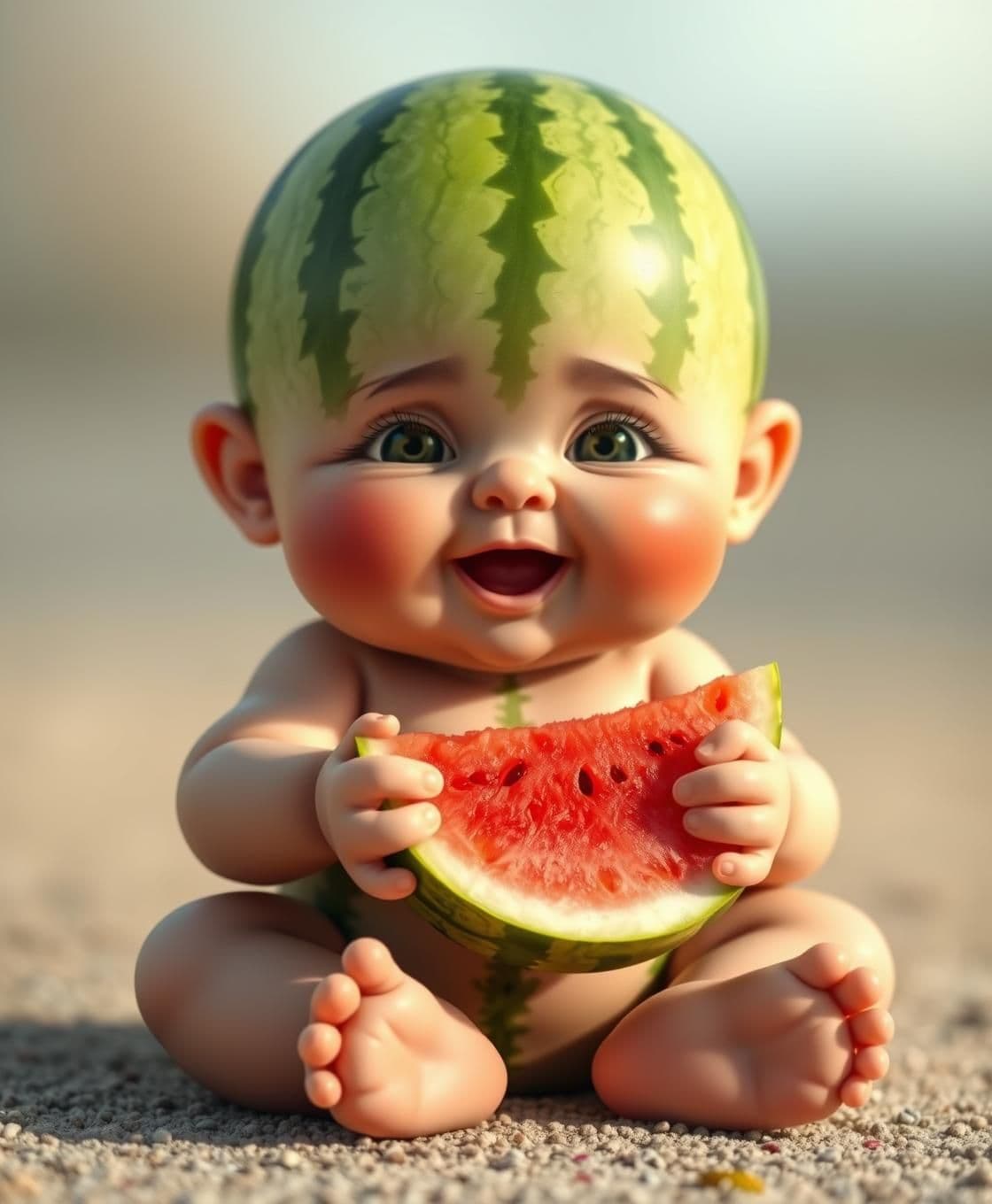 AI generated: A cute baby boy sitting like a human, but his body is shaped like a watermelon. The watermelon has natural green stripes and a soft texture. The baby watermelon boy is sitting on t
