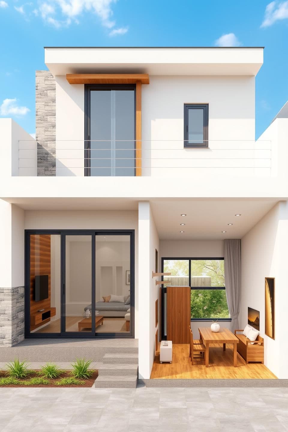 AI generated: 1. Front Exterior View
"3D rendering of a modern, compact 3-bedroom north-facing house on a 3-cent plot. Show the front façade with a small porch, sliding glass doors and windows,