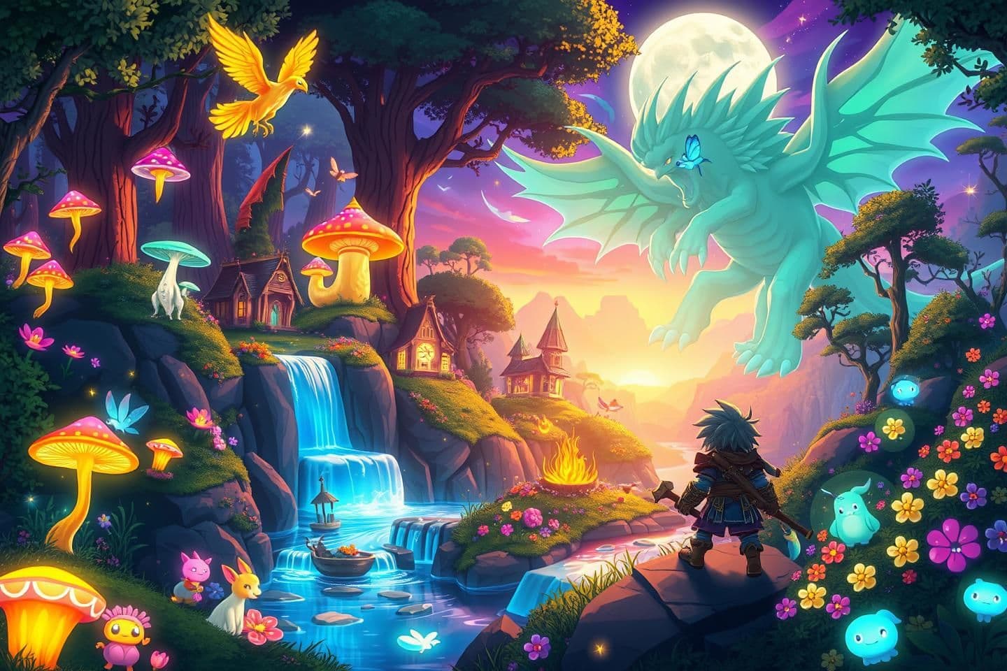 AI generated: "Create a vibrant fantasy scene set in a mystical forest glowing with neon mushrooms, floating islands, and enchanted weapons. Include mythical creatures like phoenixes, unicorns,