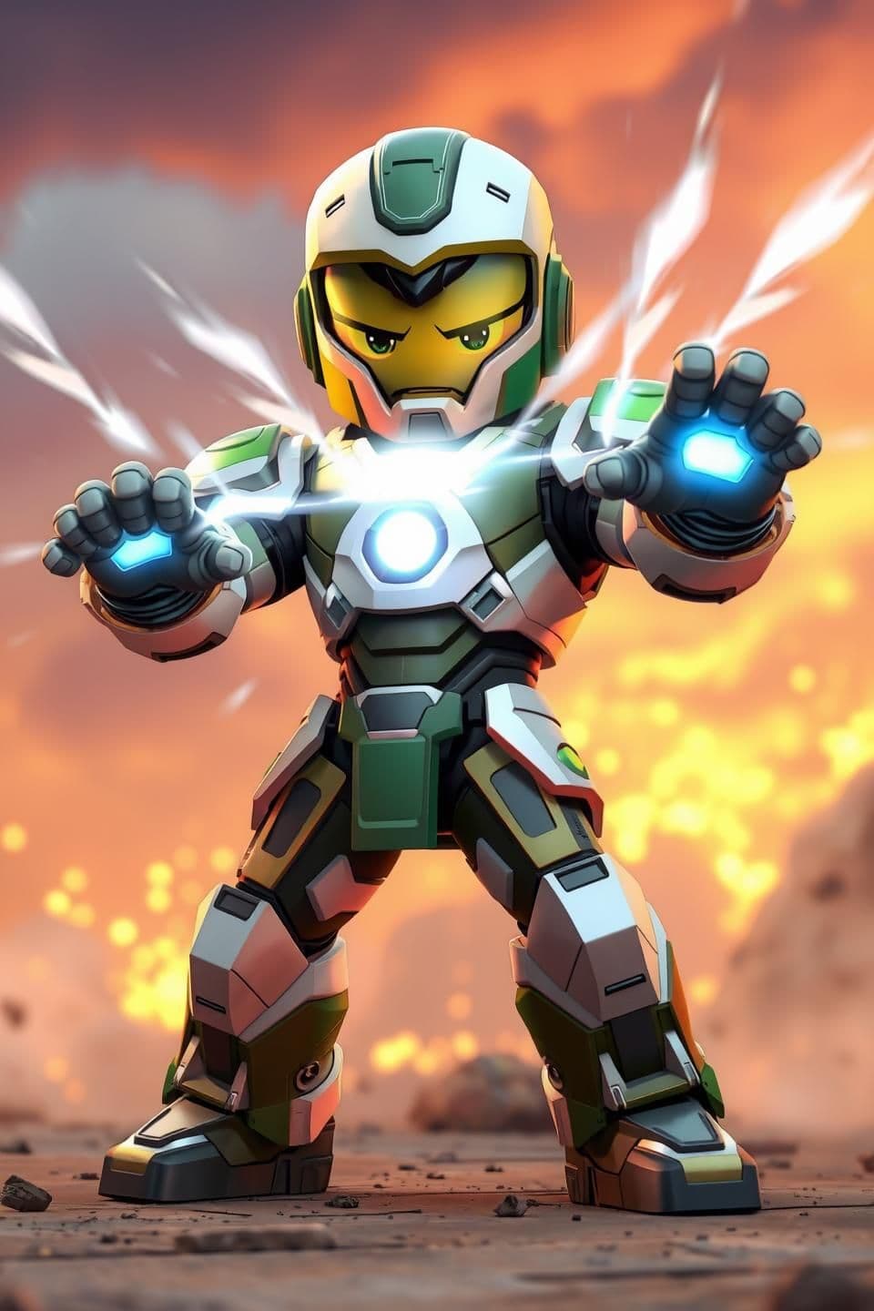 AI generated: 3D cartoon Indian-style animation, Pakistan Iron Man inspired armored hero attacking with full power, green and white themed armor, energy blasts firing from hands and chest, aggre