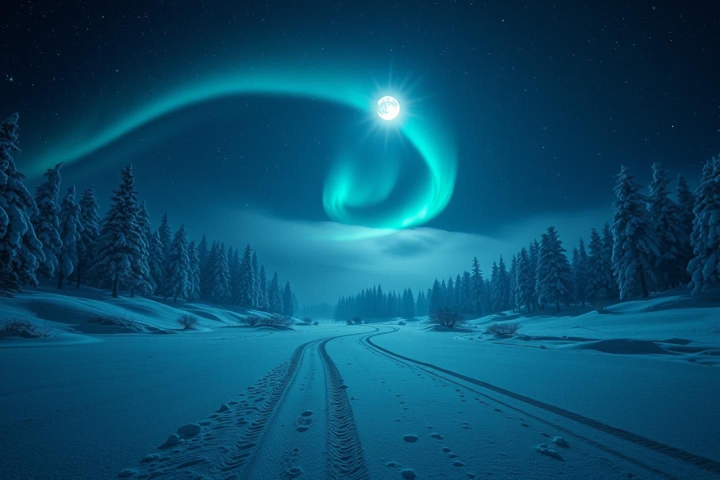AI generated: Ultra‑HD 8K hyper‑realistic winter valley at night, soft snowfall, bioluminescent snow crystals glowing faint cyan, distant pine forest silhouettes, subtle aurora ribbons forming a