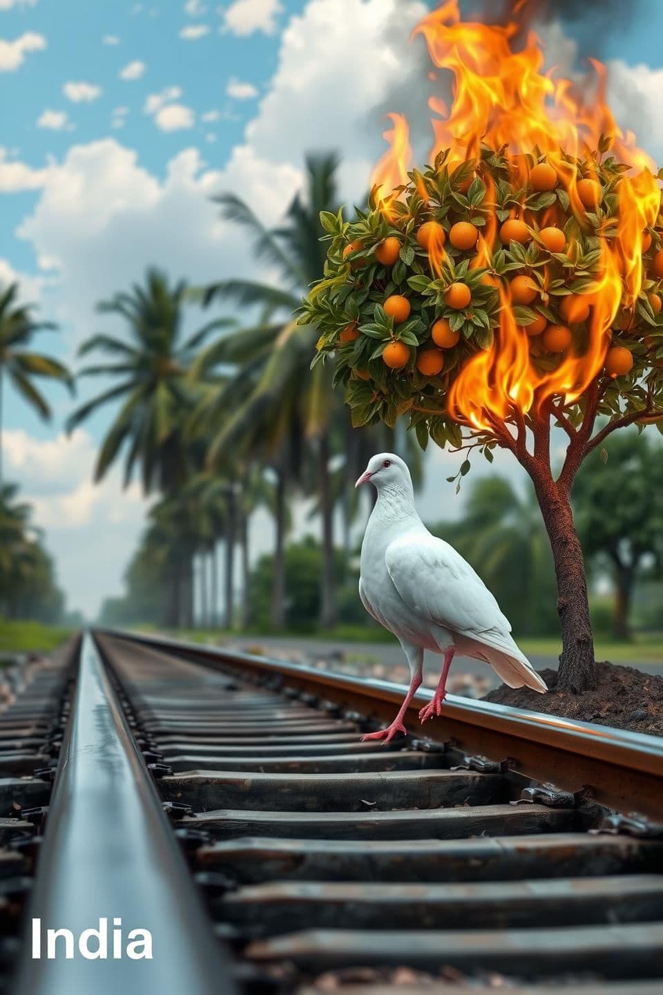 AI generated: A serene and surreal scene, featuring a white dove standing on a railway track. The dove is positioned centrally in the frame, facing to the right, with its head turned slightly to