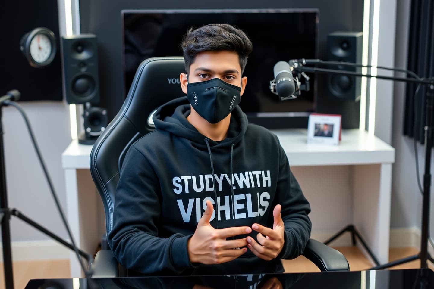 AI generated: An Indian 16 years boy sitting confidently on a
modern gaming chair in his YouTube studio. He is wearing a black hoodie with "STUDY_WITH_VISHESH" boldly printed on it. His face is