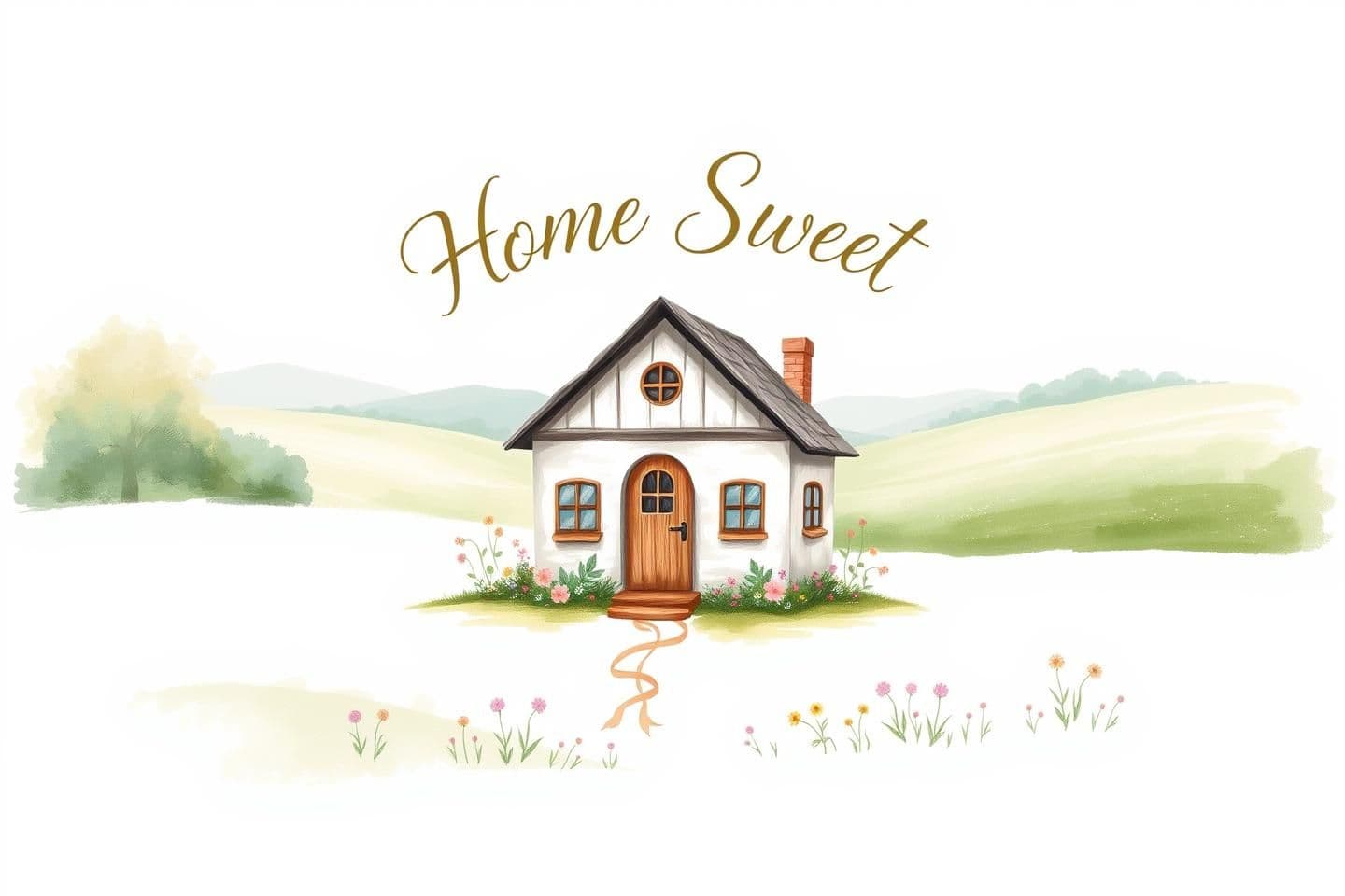 AI generated: A serene design capturing the essence of cottagecore with a whimsical touch, featuring a quaint, hand-painted country cottage surrounded by soft green fields and faded floral accen