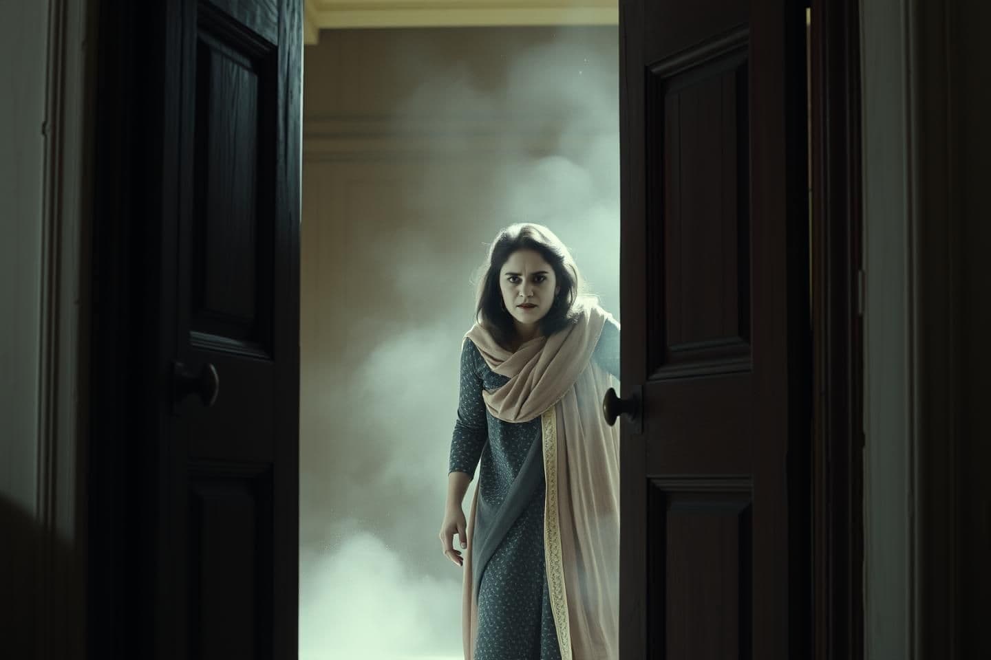 AI generated: Old wooden door bursting open violently, photorealistic Lara (30-year-old Pakistani woman from library) standing in the doorway with an angry expression, shouting at Sheeza, dust p