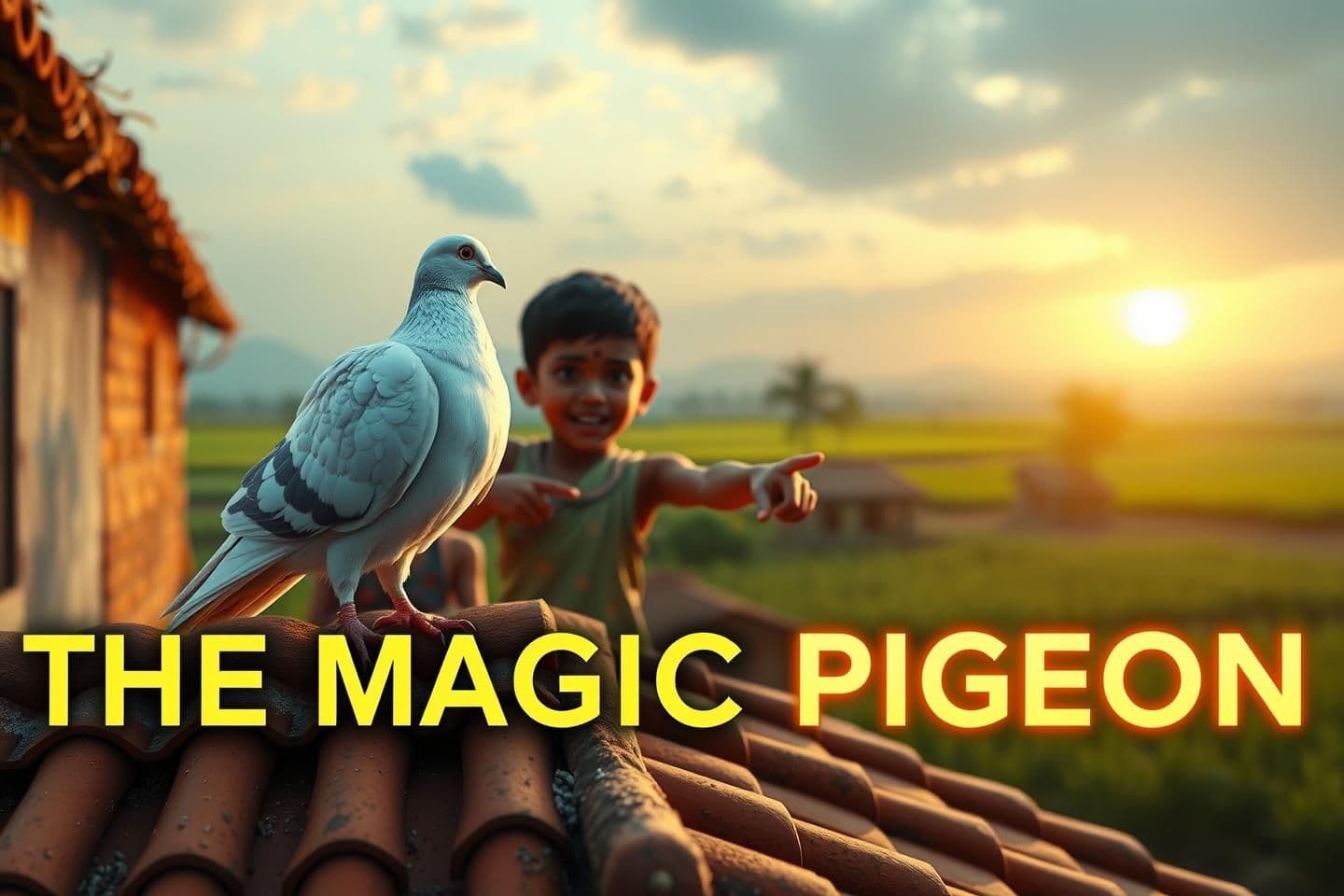 AI generated: Ultra-realistic 3D cinematic Indian village scene, a beautiful white pigeon with bluish feathers sitting on a clay-tiled roof, two excited kids pointing towards the pigeon, lush g