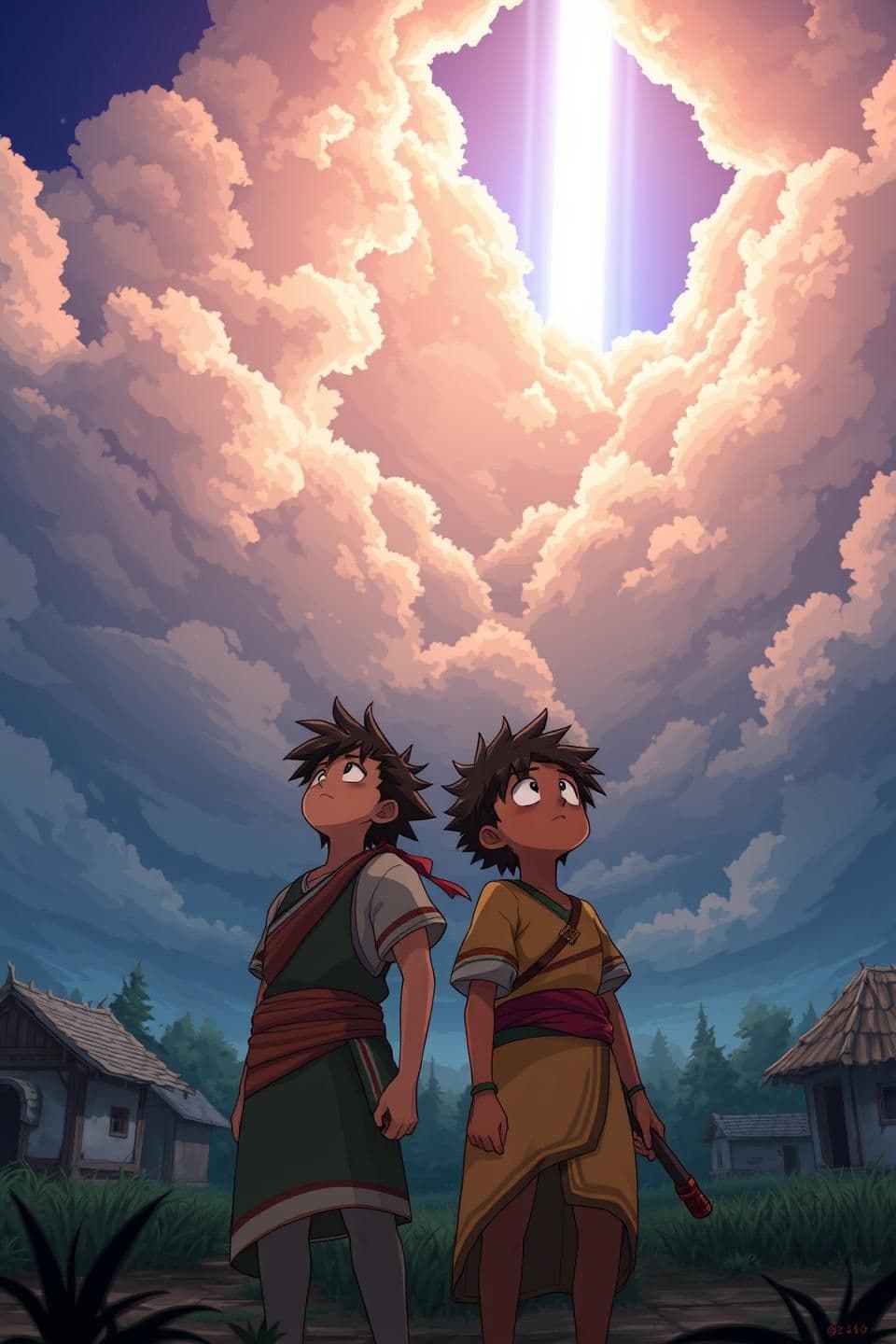 AI generated: In Demon Slayer anime style, show Mani and Chinnu standing side by side in their quiet village, looking up as the clouds high above slowly move apart, revealing a clear, bright sky