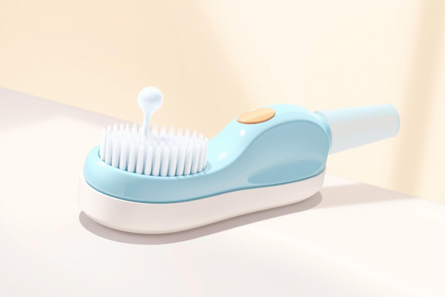 AI generated: A high-detail Studio Ghibli style illustration of a handheld soft bristle cleaning brush with an integrated liquid dispenser, rounded handle and soft bristles, plastic modern desig